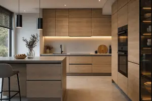 Explora cocinas modernas de madera laminada: cálidas, duraderas y fáciles de instalar. Opciones de diseño versátiles para un hogar elegante y funcional.