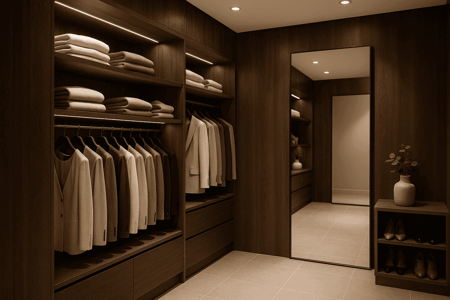 Diseña el vestidor perfecto combinando funcionalidad y estilo. Planifica, elige iluminación, optimiza el espacio, usa materiales duraderos y ordena.