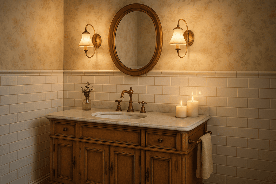 Transforma tu baño en un espacio atemporal con muebles de madera envejecida, lavabos de mármol, colores pastel y lámparas doradas para un toque vintage.