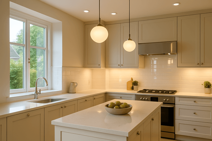La iluminación efectiva en la cocina, combinando luz natural y artificial, crea un espacio amplio y acogedor. Colores claros y espejos potencian la luminosidad.