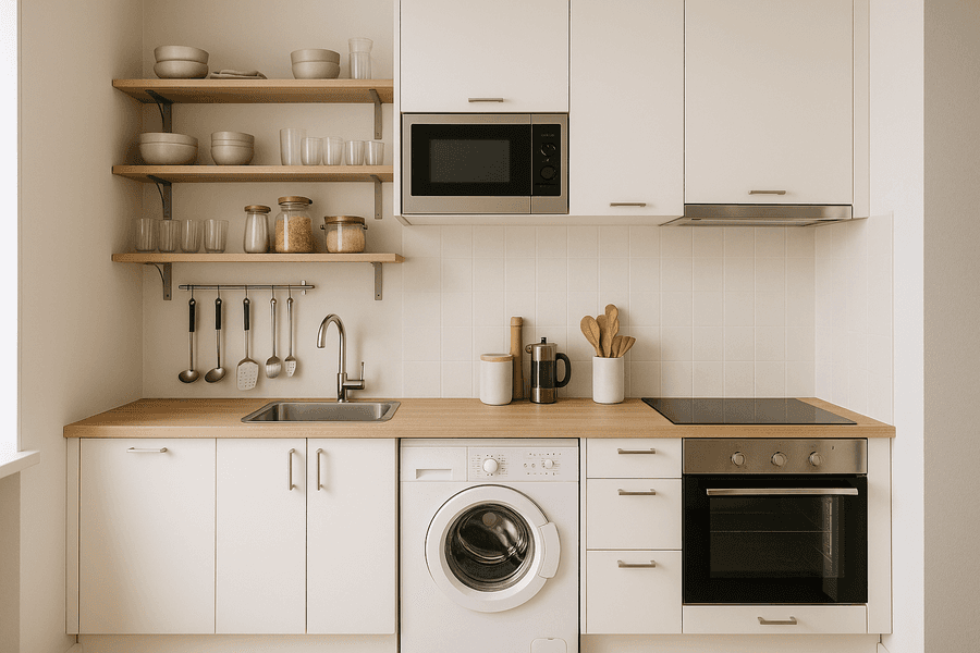 Convierte tu cocina pequeña en un espacio funcional y elegante usando muebles multifuncionales, almacenamiento vertical y electrodomésticos compactos.